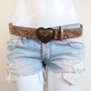 y2k western horse belt tooled faux leather heart buckle
